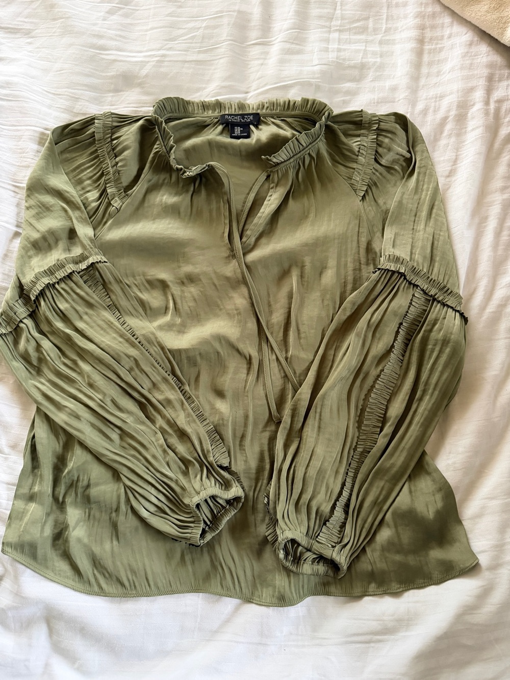 Rachel Zoe Olive Peasant Blouse with Ruffle Neck & Tie